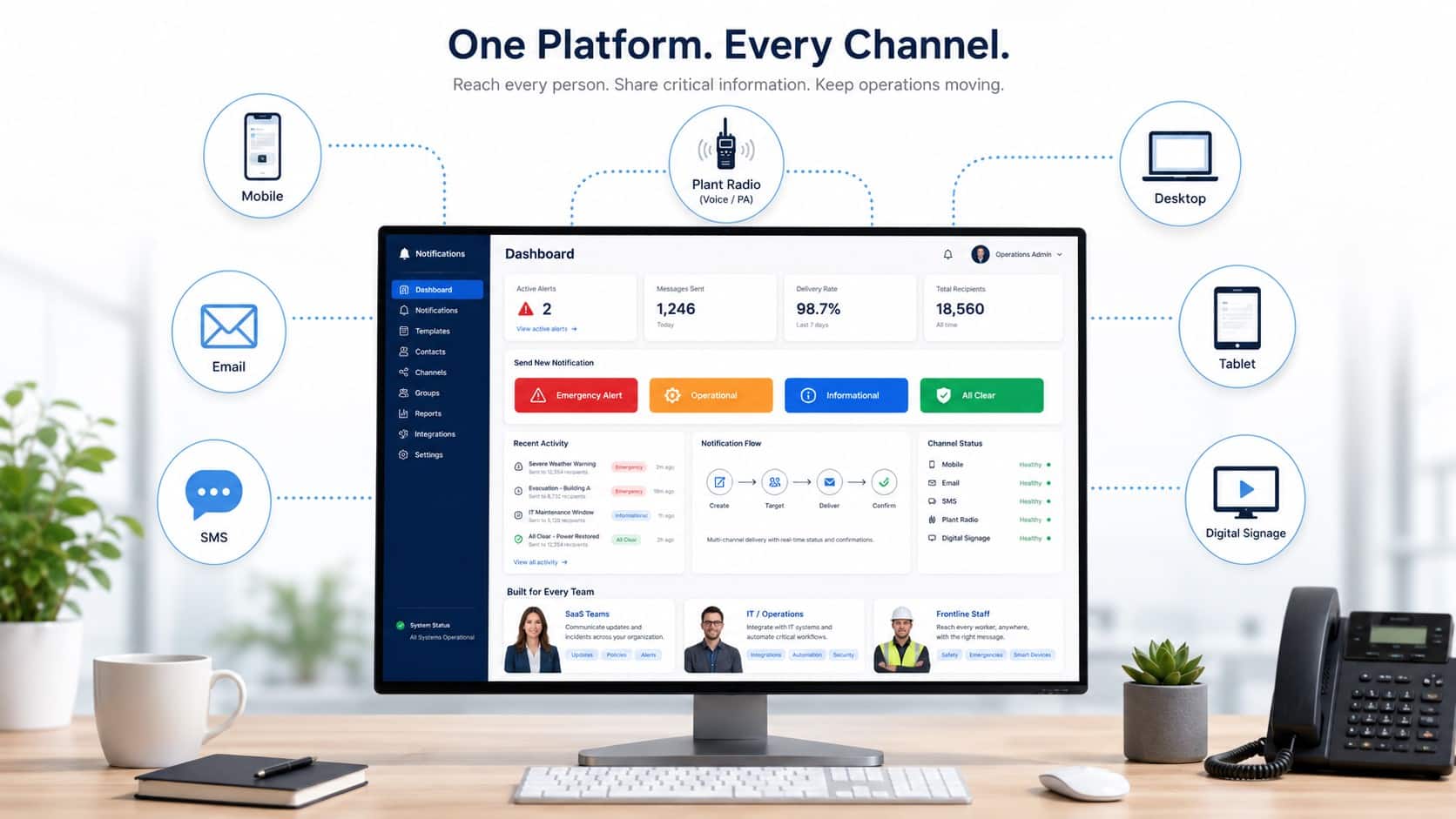 Mass Notification Software dashboard connecting mobile, desktop, tablet, digital signage, email, and frontline communication channels.