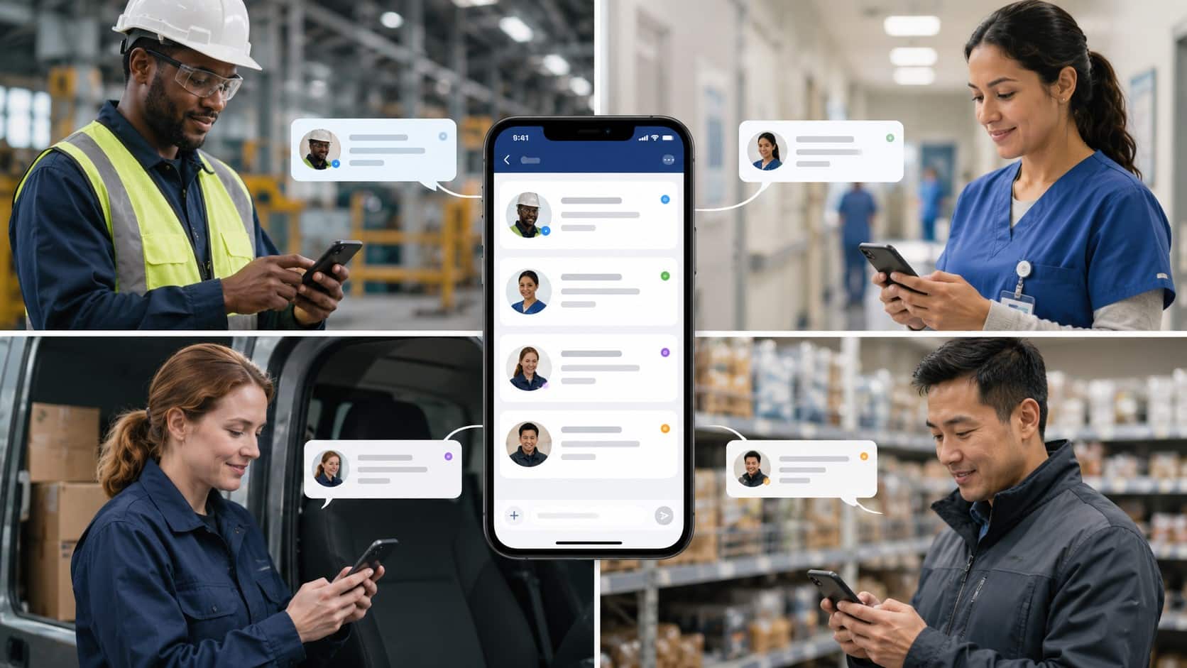Messaging frontline workers across healthcare, manufacturing, logistics, and retail teams through a mobile communication platform.