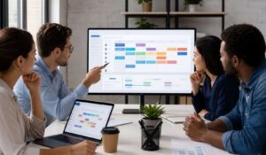 Online staff scheduling dashboard showing employee shifts, availability, and schedule management tools.