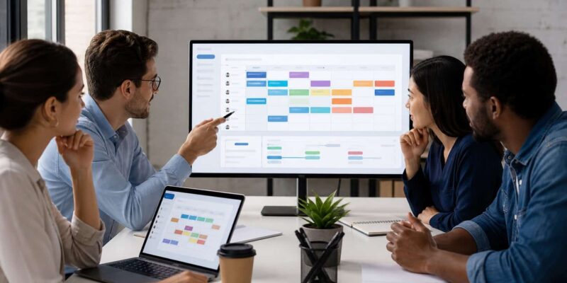 Online staff scheduling dashboard showing employee shifts, availability, and schedule management tools.