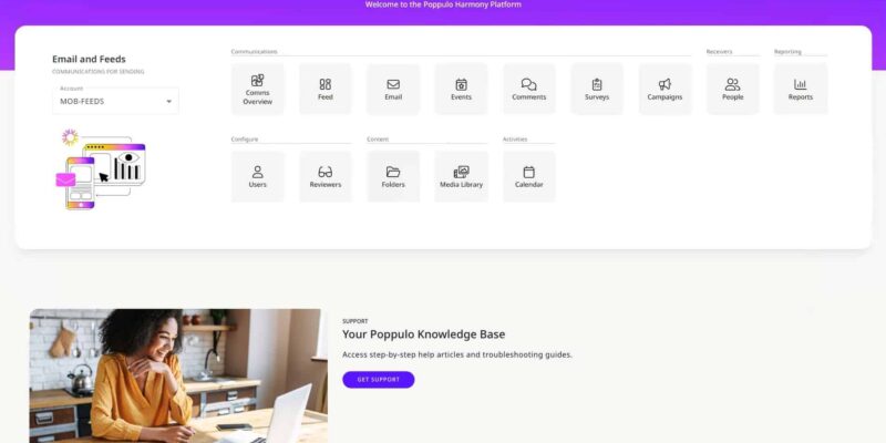 Poppulo internal communication platform dashboard showing employee messaging, campaigns, surveys, reporting tools, and enterprise communication management features