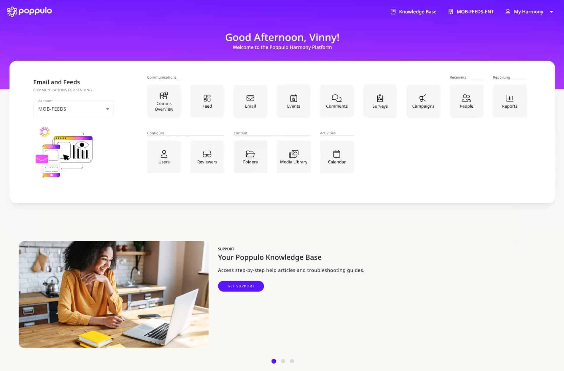 Poppulo internal communication platform dashboard showing employee messaging, campaigns, surveys, reporting tools, and enterprise communication management features