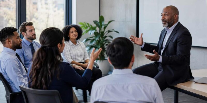 Employees participating in a leadership discussion session with strategic questions to ask CEO in a modern office meeting.