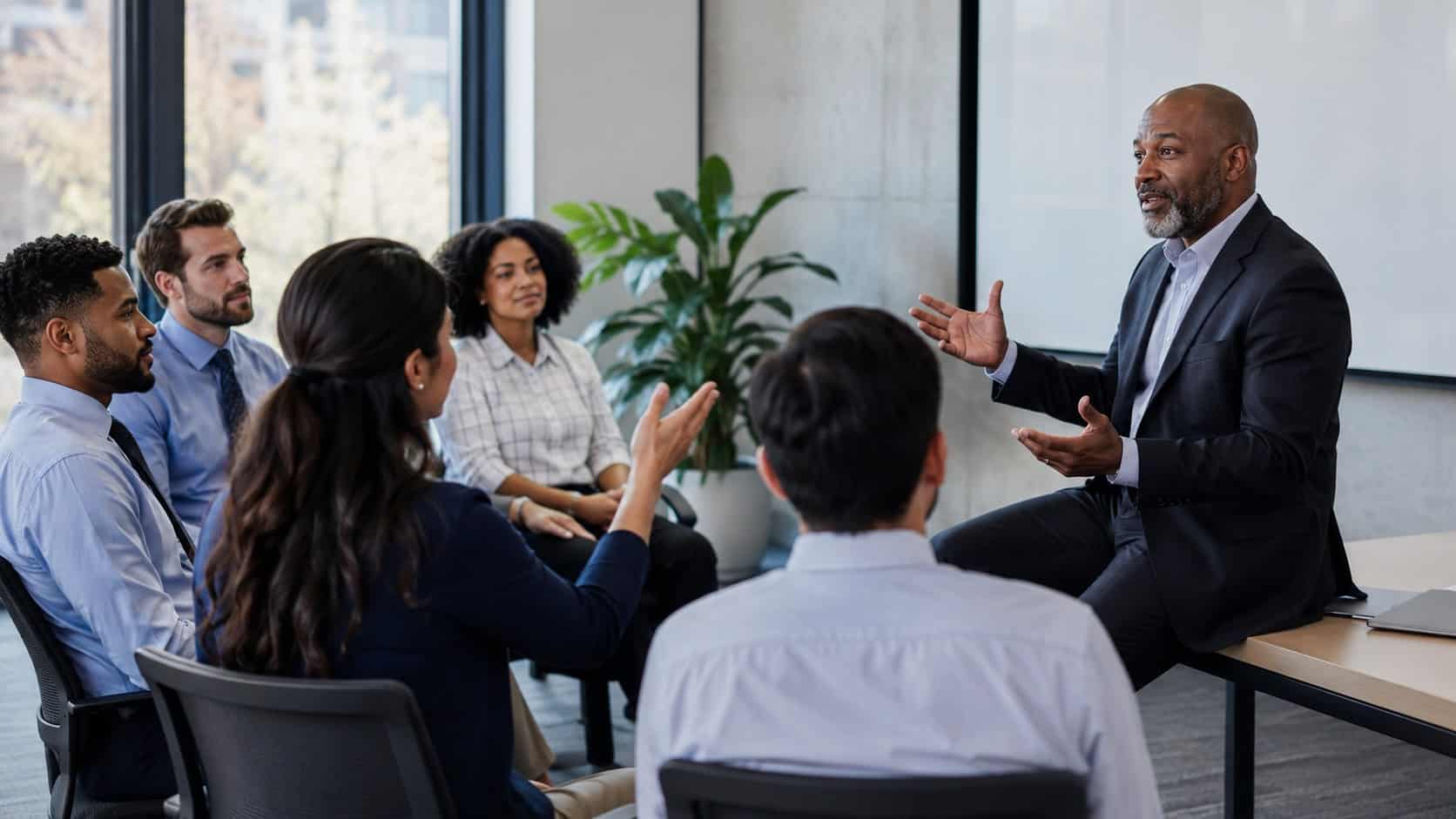 Employees participating in a leadership discussion session with strategic questions to ask CEO in a modern office meeting.