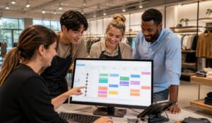 Retail employees using retail employee scheduling software on a dashboard in a modern store.