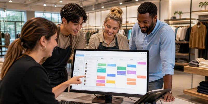 Retail employees using retail employee scheduling software on a dashboard in a modern store.