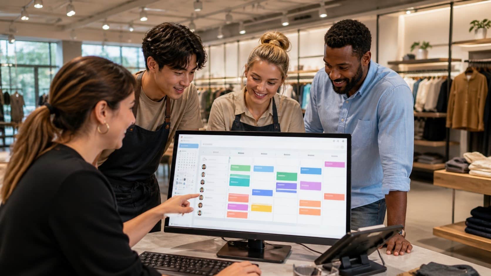 Retail employees using retail employee scheduling software on a dashboard in a modern store.