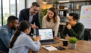 Team reviewing a staff scheduling template on a laptop in an office meeting.