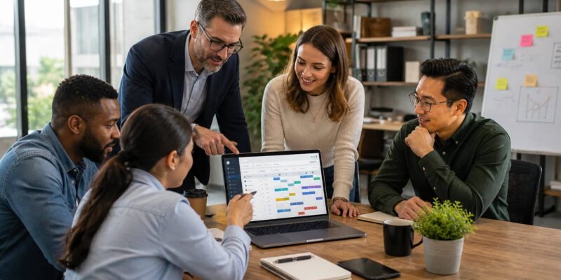 Team reviewing a staff scheduling template on a laptop in an office meeting.