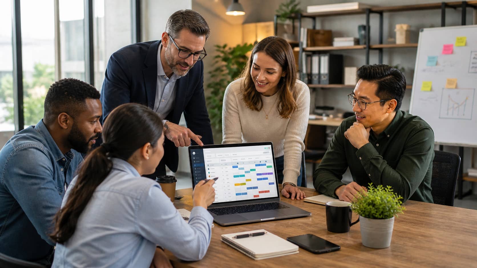 Team reviewing a staff scheduling template on a laptop in an office meeting.