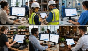Employees across healthcare, construction, retail, hospitality, and office environments using digital dashboards for efficient time and labor management.
