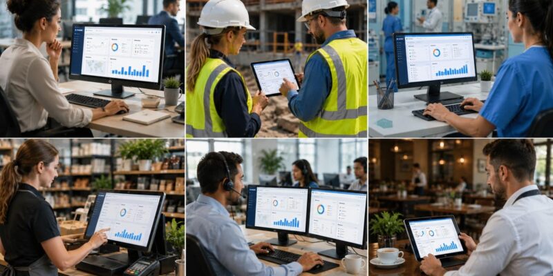 Employees across healthcare, construction, retail, hospitality, and office environments using digital dashboards for efficient time and labor management.