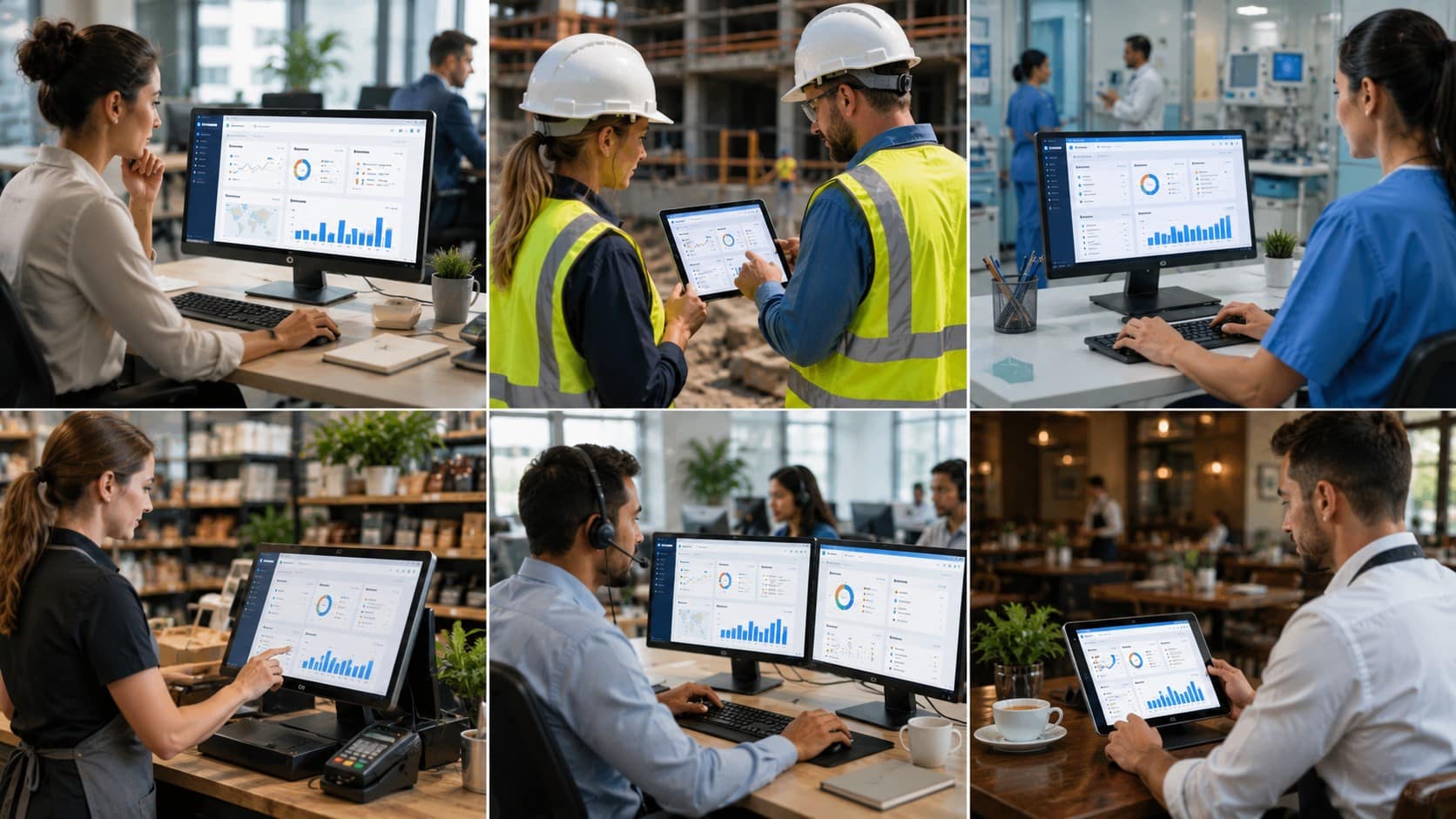 Employees across healthcare, construction, retail, hospitality, and office environments using digital dashboards for efficient time and labor management.