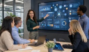 Team discussing tips To Drive Intranet Adoption And Boost Engagement through connected tools, analytics, and employee communication.