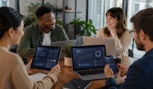 Team collaborating with devices and dashboards showcasing top AI employee experience platforms in a modern workplace.