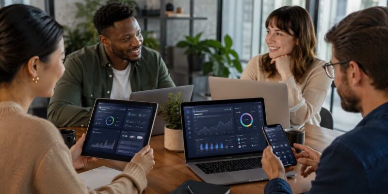Team collaborating with devices and dashboards showcasing top AI employee experience platforms in a modern workplace.