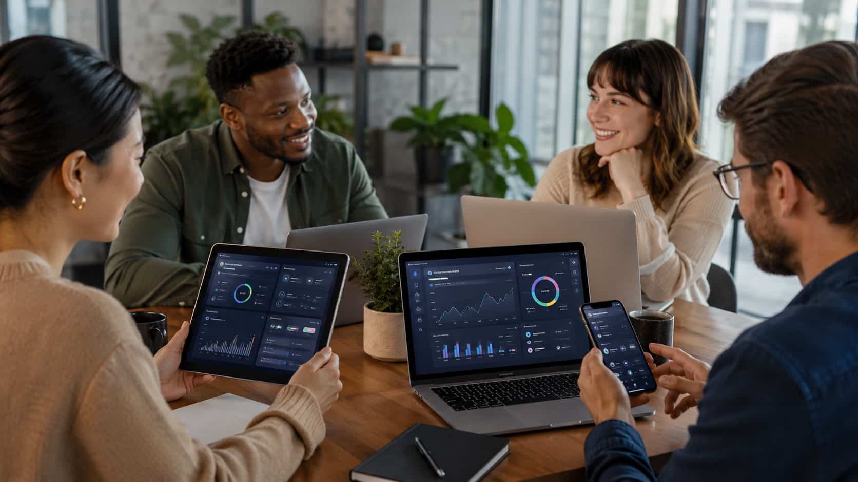 Team collaborating with devices and dashboards showcasing top AI employee experience platforms in a modern workplace.
