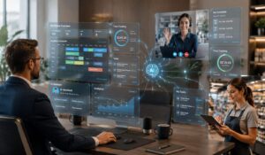 Business professionals using AI-powered workplace collaboration and communication software in a modern digital office environment.