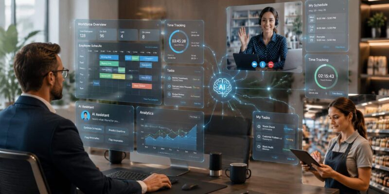 Business professionals using AI-powered workplace collaboration and communication software in a modern digital office environment.