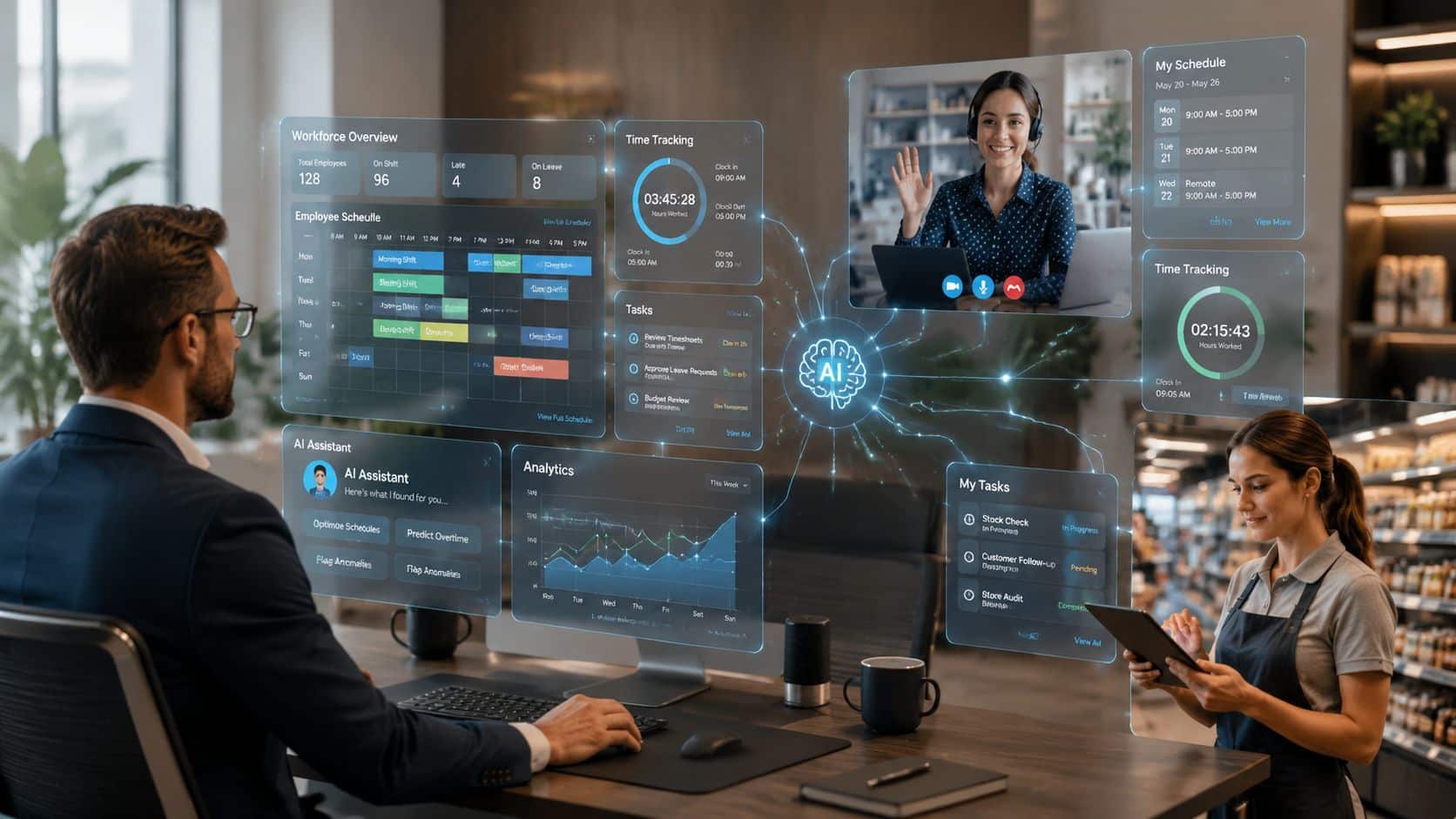 Business professionals using AI-powered workplace collaboration and communication software in a modern digital office environment.