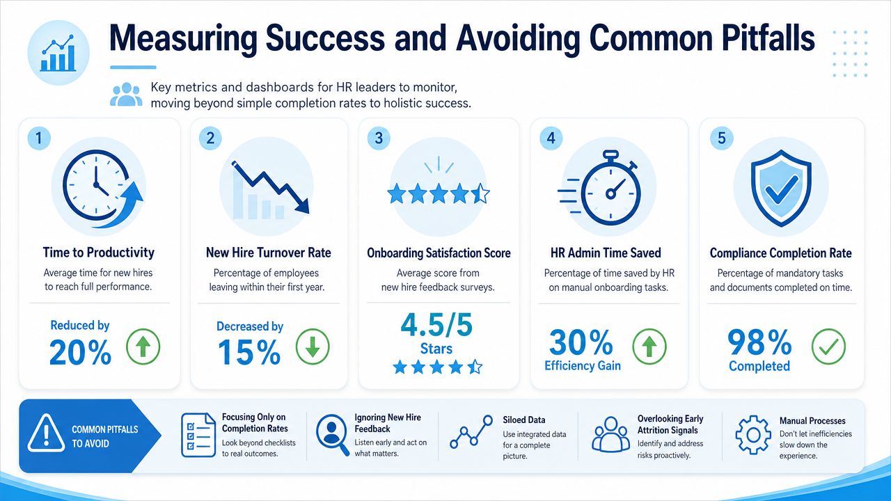 An infographic detailing five key metrics for measuring HR success and common onboarding pitfalls to avoid.