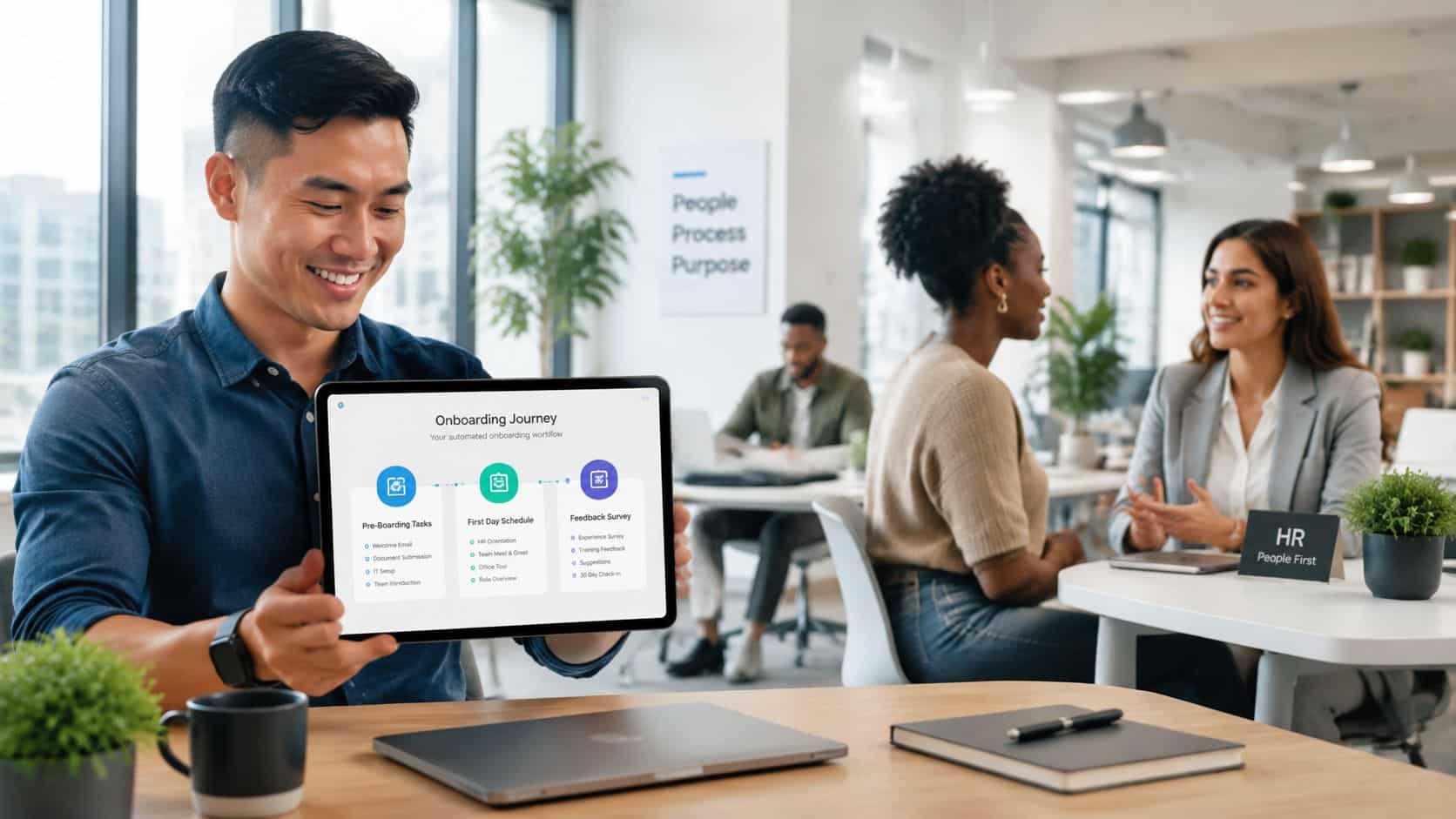 A professional man displays an automated employee onboarding journey workflow on a tablet in an office.