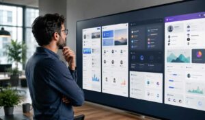 Employee comparing dashboards on a digital screen while evaluating the best intranet platforms in a modern office.