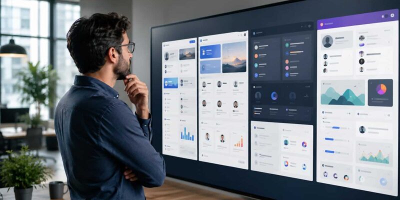 Employee comparing dashboards on a digital screen while evaluating the best intranet platforms in a modern office.