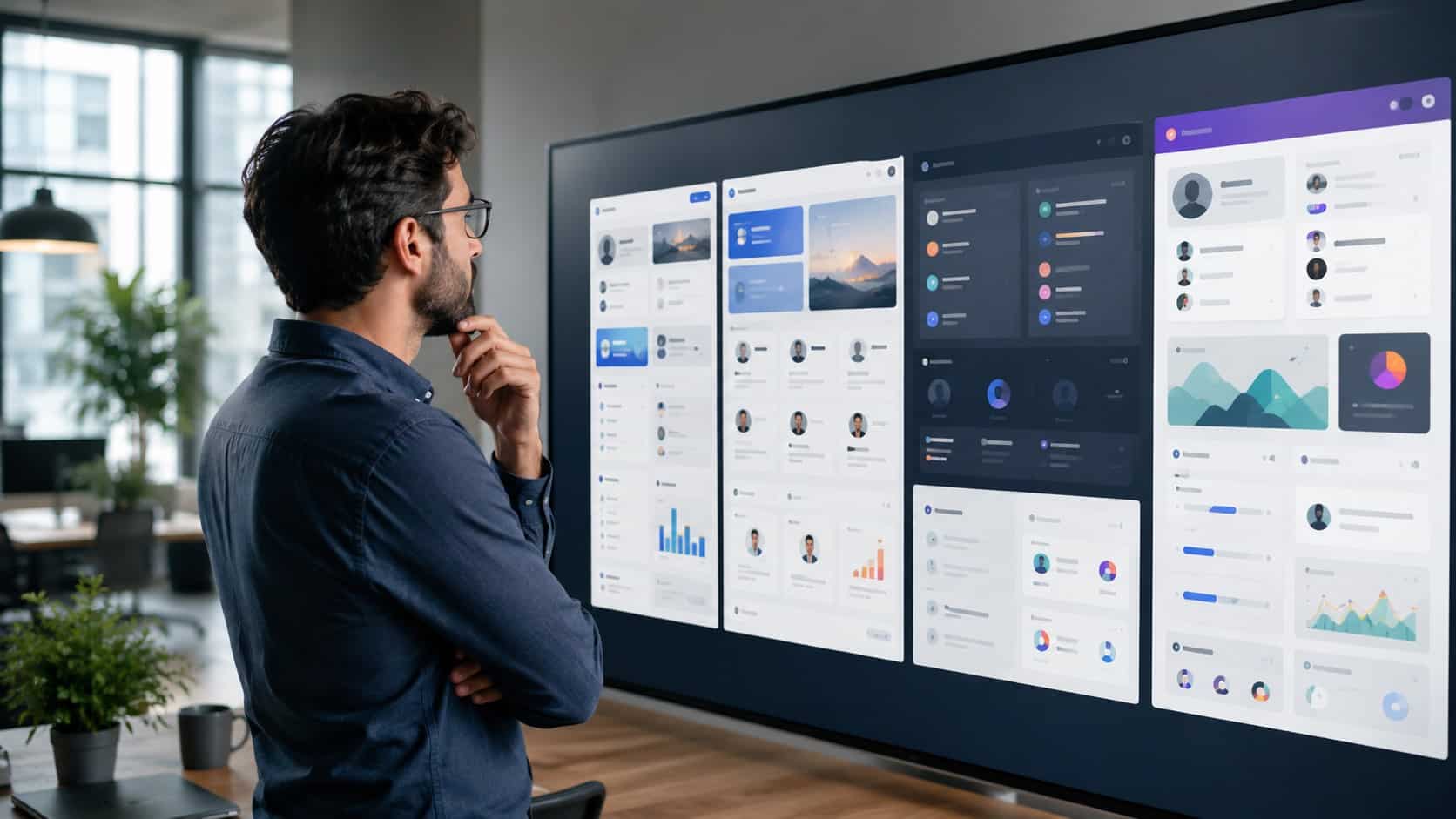 Employee comparing dashboards on a digital screen while evaluating the best intranet platforms in a modern office.