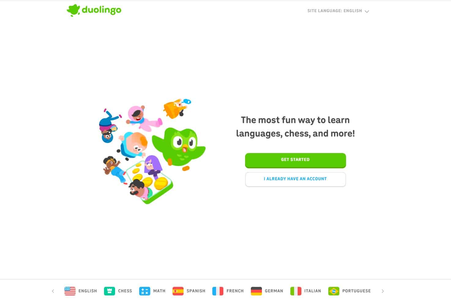 Duolingo gamified learning platform with interactive lessons, colorful characters, and game-based language learning.
