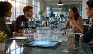 Team collaborating in a modern office using a digital employee directory and workplace communication platform for seamless employee connectivity.