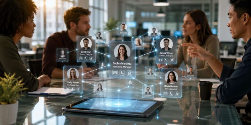 Team collaborating in a modern office using a digital employee directory and workplace communication platform for seamless employee connectivity.