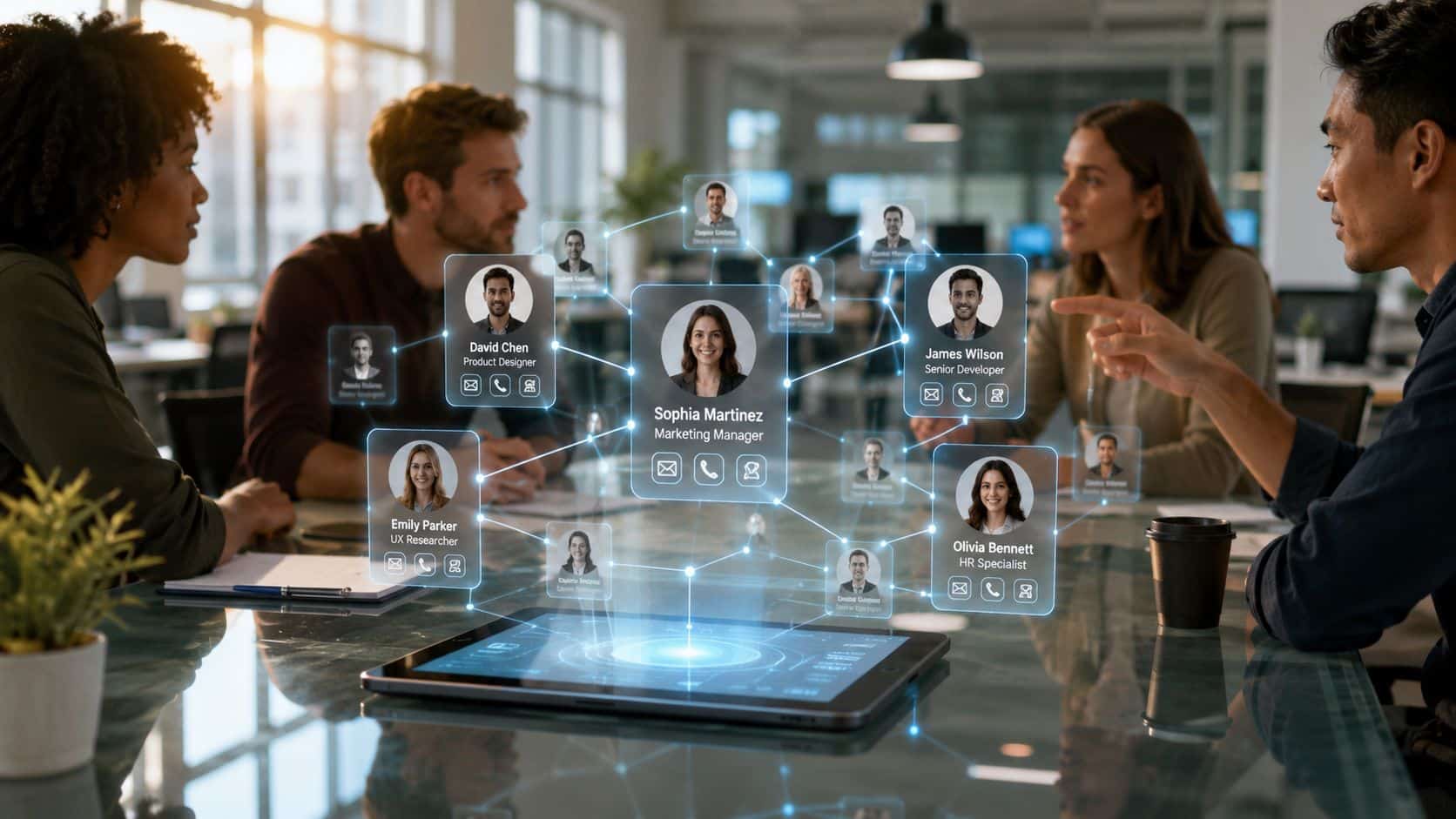 Team collaborating in a modern office using a digital employee directory and workplace communication platform for seamless employee connectivity.