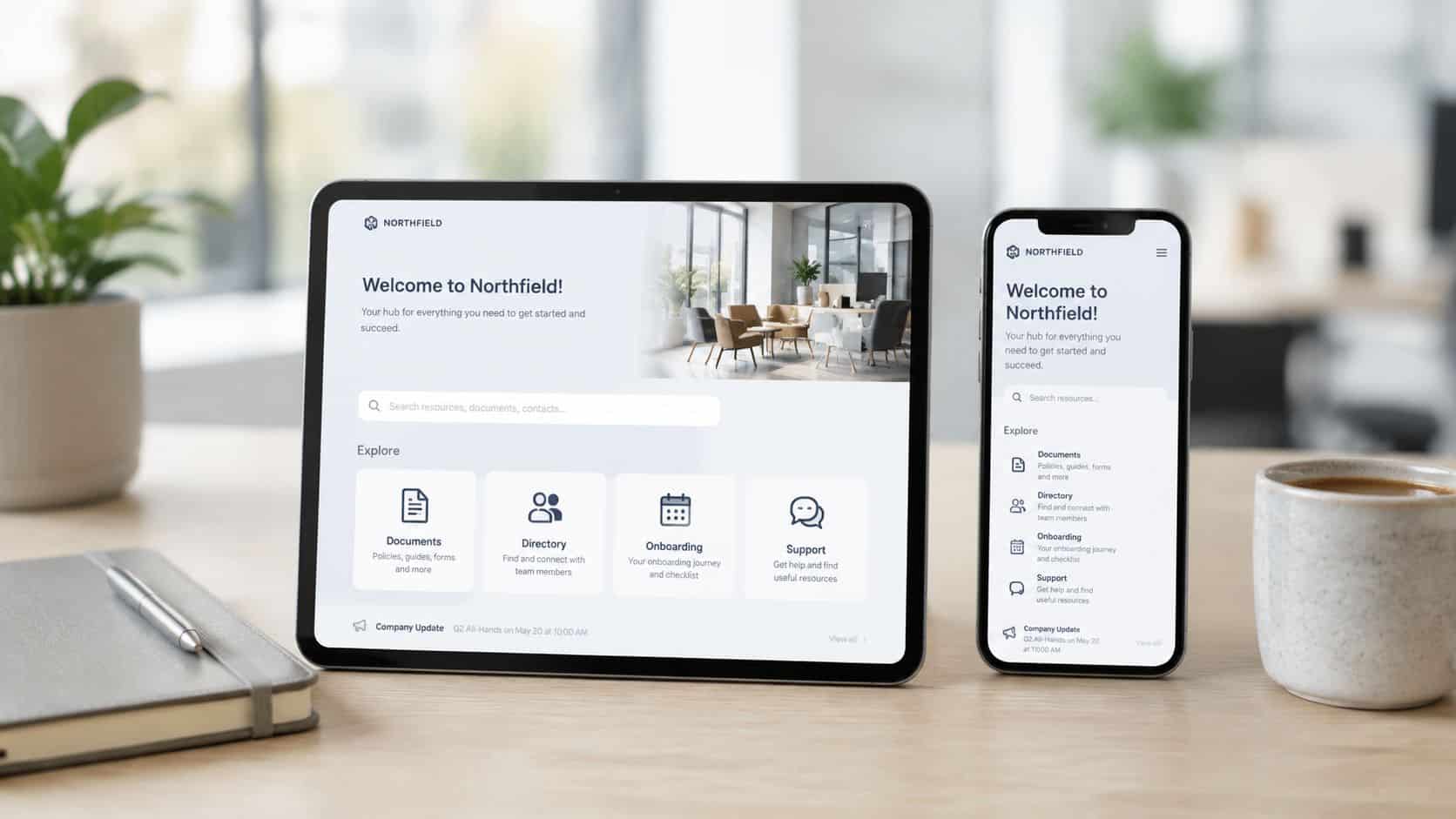 A tablet and smartphone displaying a Northfield employee onboarding platform on a desk with a coffee mug.