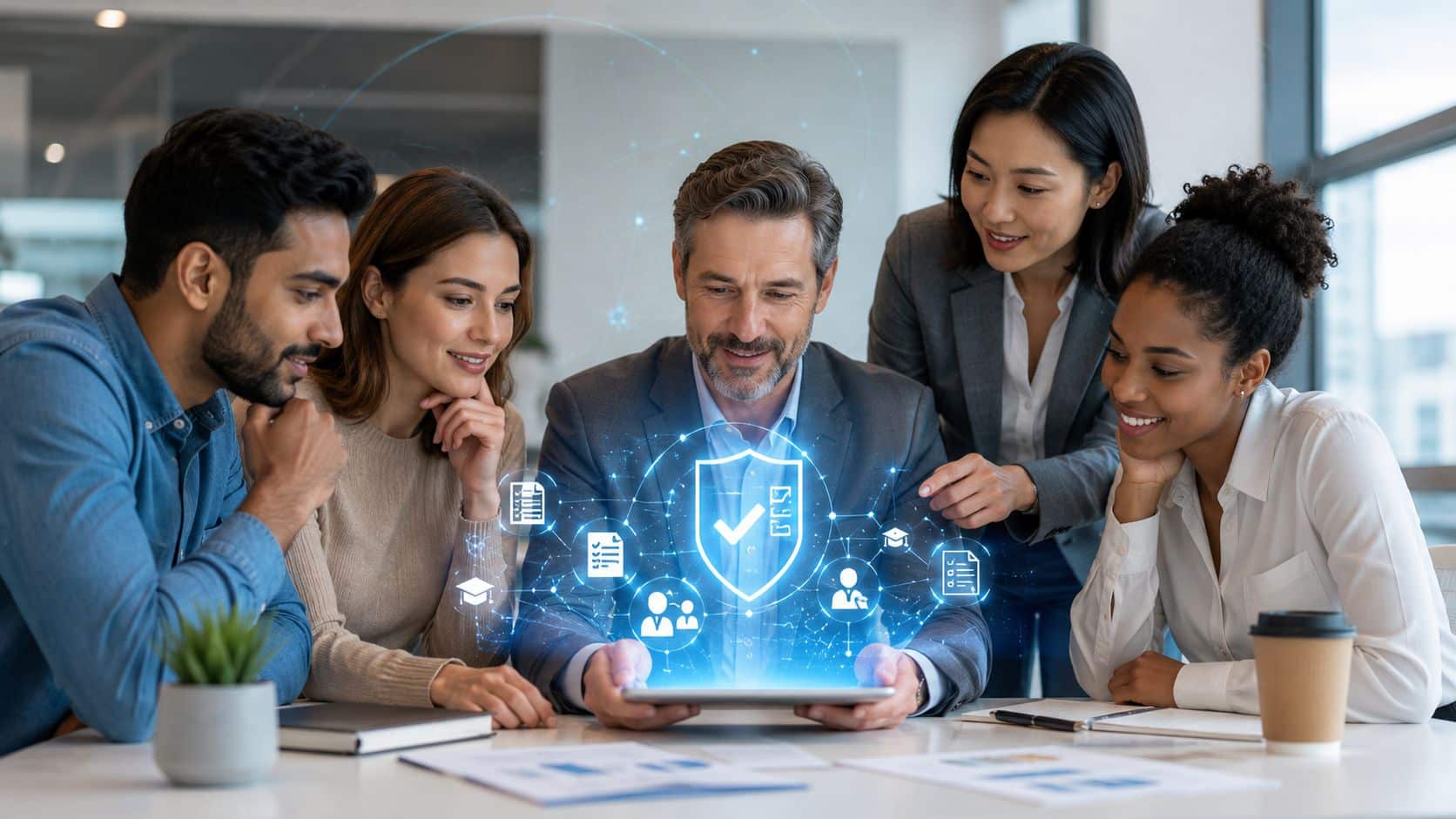 Team members collaborating around a digital employee engagement platform dashboard during a workplace strategy meeting.