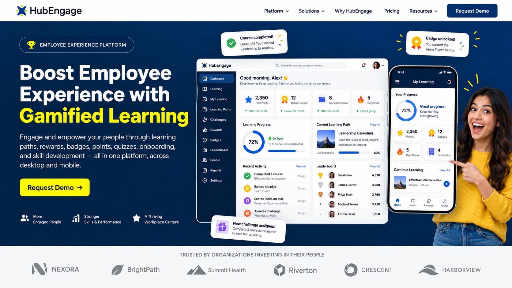 HubEngage dashboard showcasing gamified learning platforms with points, badges, challenges, progress tracking, and mobile learning.