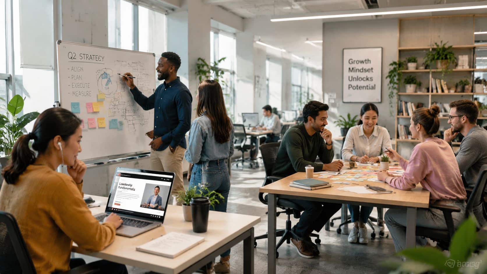 A diverse group of professionals collaborating in a modern office space during a business strategy meeting.