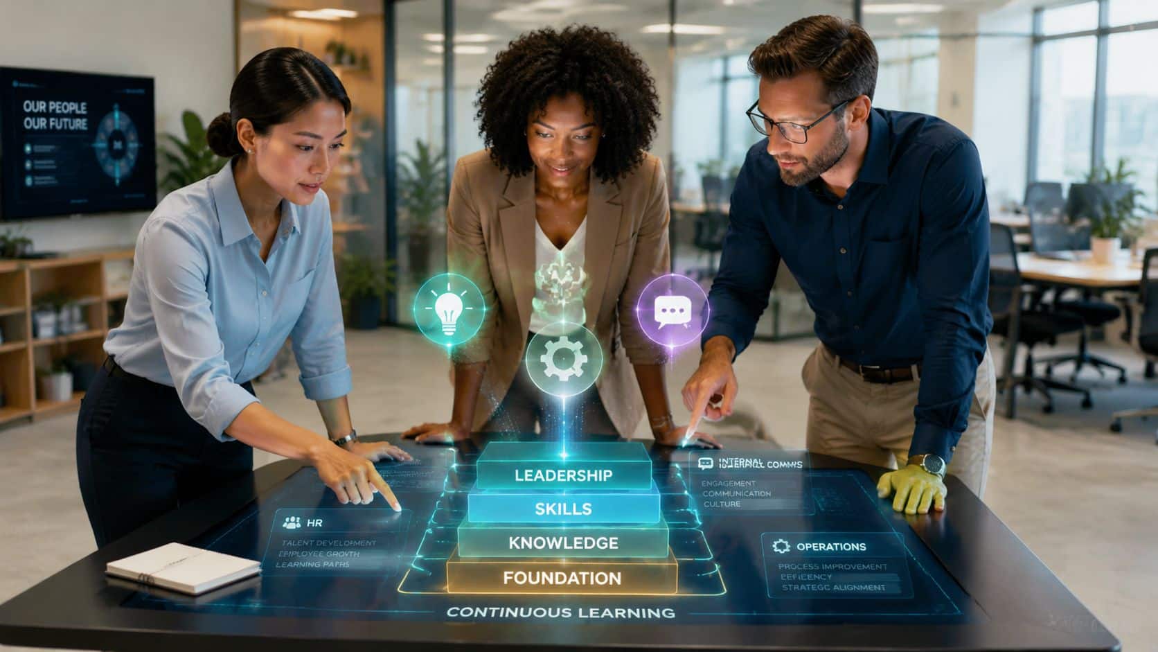 Employees collaborating on a digital learning and employee development platform to enhance workplace training, skills, and engagement.