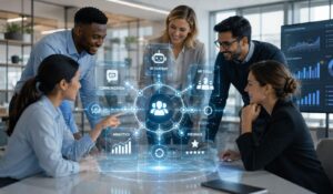 Team collaborating around a digital workplace dashboard to Improve Employee Productivity through data insights, communication, and performance analytics.