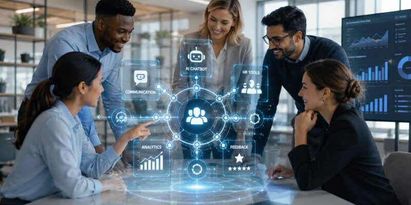 Team collaborating around a digital workplace dashboard to Improve Employee Productivity through data insights, communication, and performance analytics.