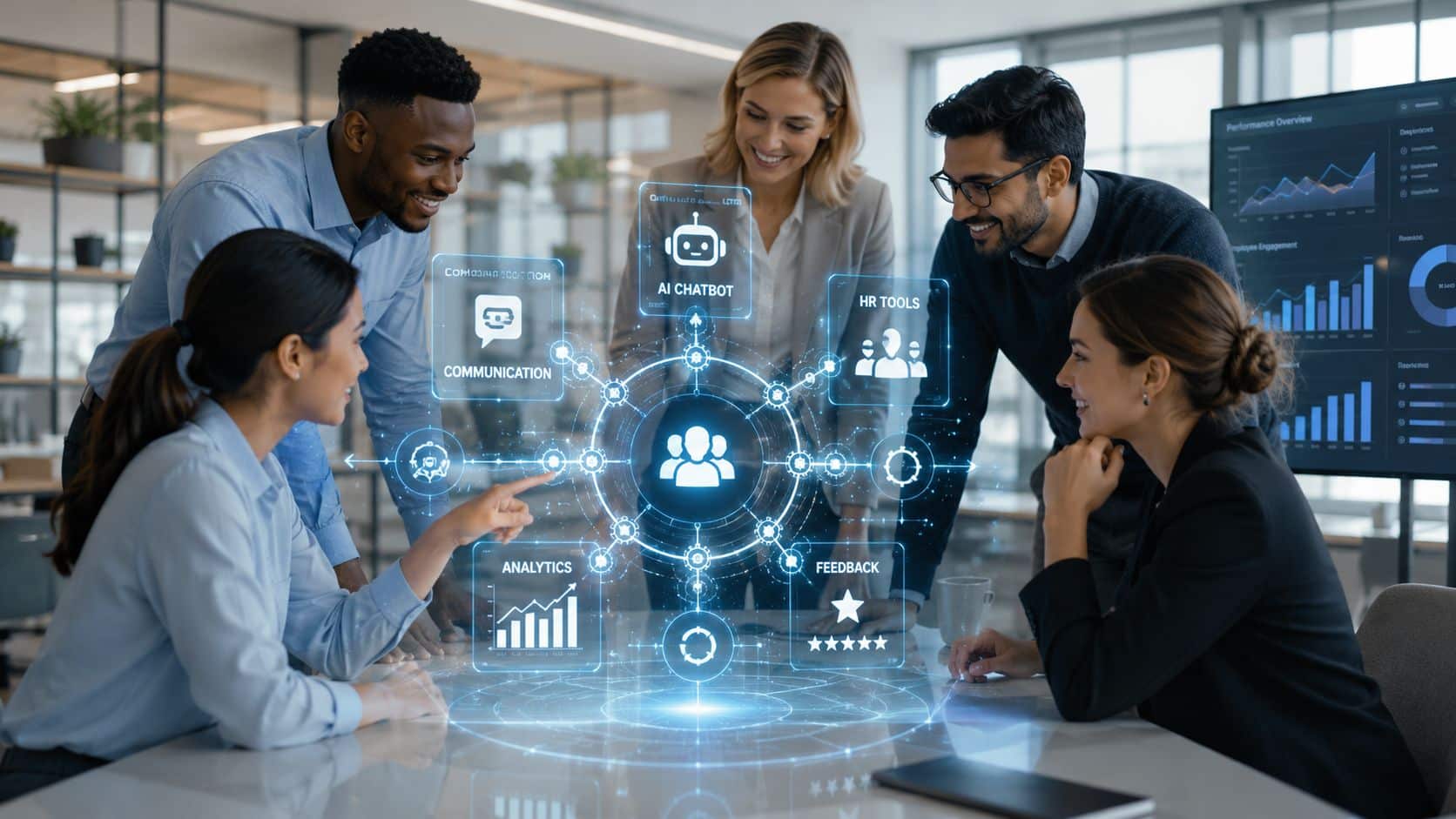 Team collaborating around a digital workplace dashboard to Improve Employee Productivity through data insights, communication, and performance analytics.