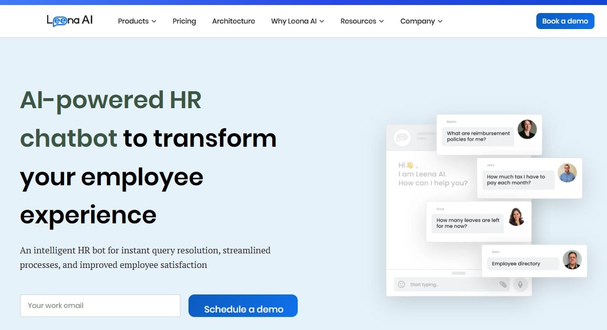 HR chatbots interface featuring Leena AI for employee queries, HR support, and self-service.