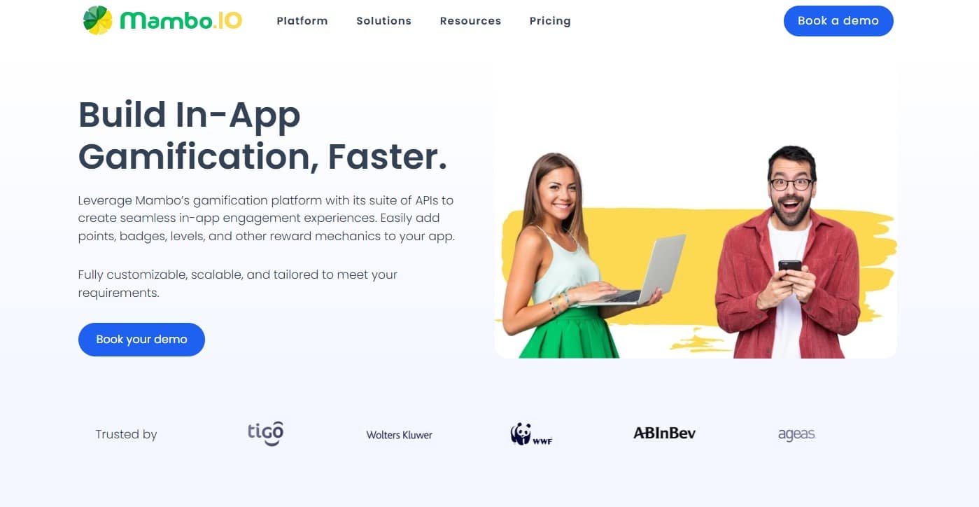 Mambo.io gamified learning platform with points, badges, levels, rewards, and customizable in-app gamification experiences.