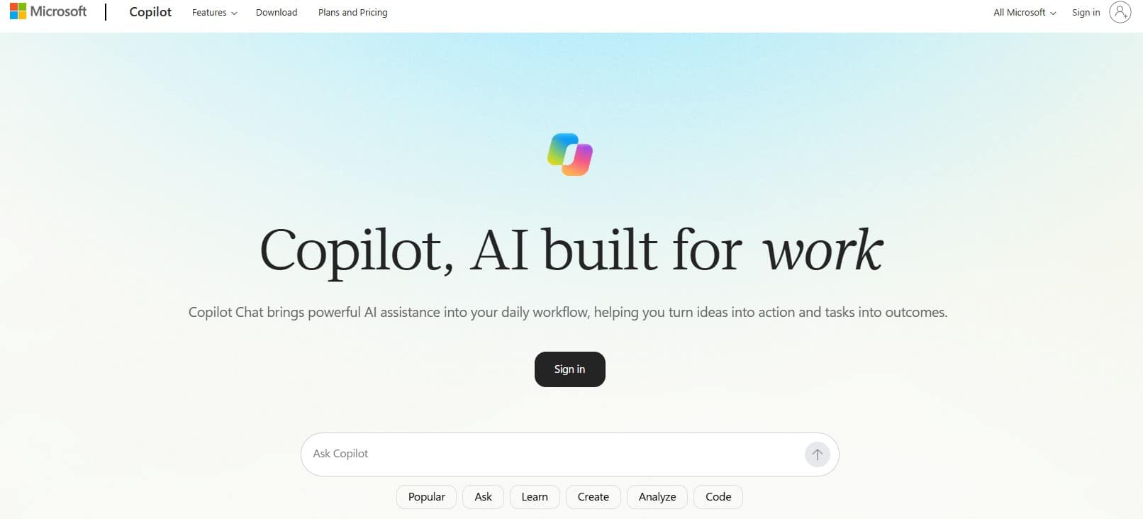 HR chatbots interface featuring Microsoft Copilot AI for workplace support and productivity.