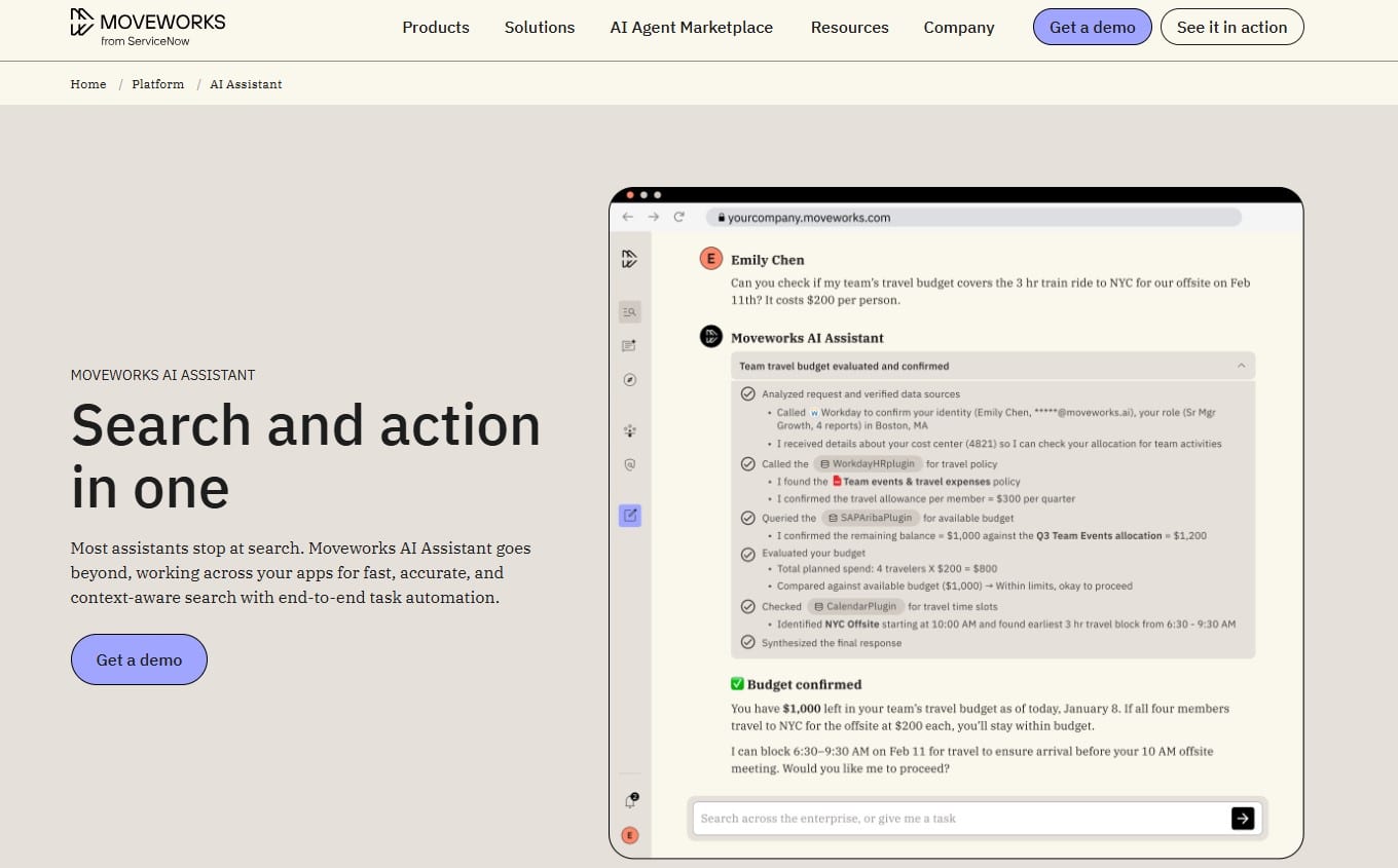 HR chatbots interface featuring Moveworks AI Assistant for employee search, support, and task automation.