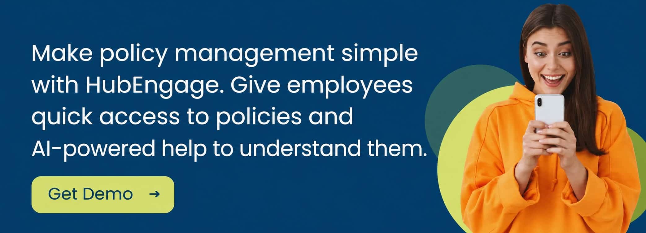 Policy Management Software banner showing HubEngage helping employees quickly access company policies and understand them with AI-powered assistance.