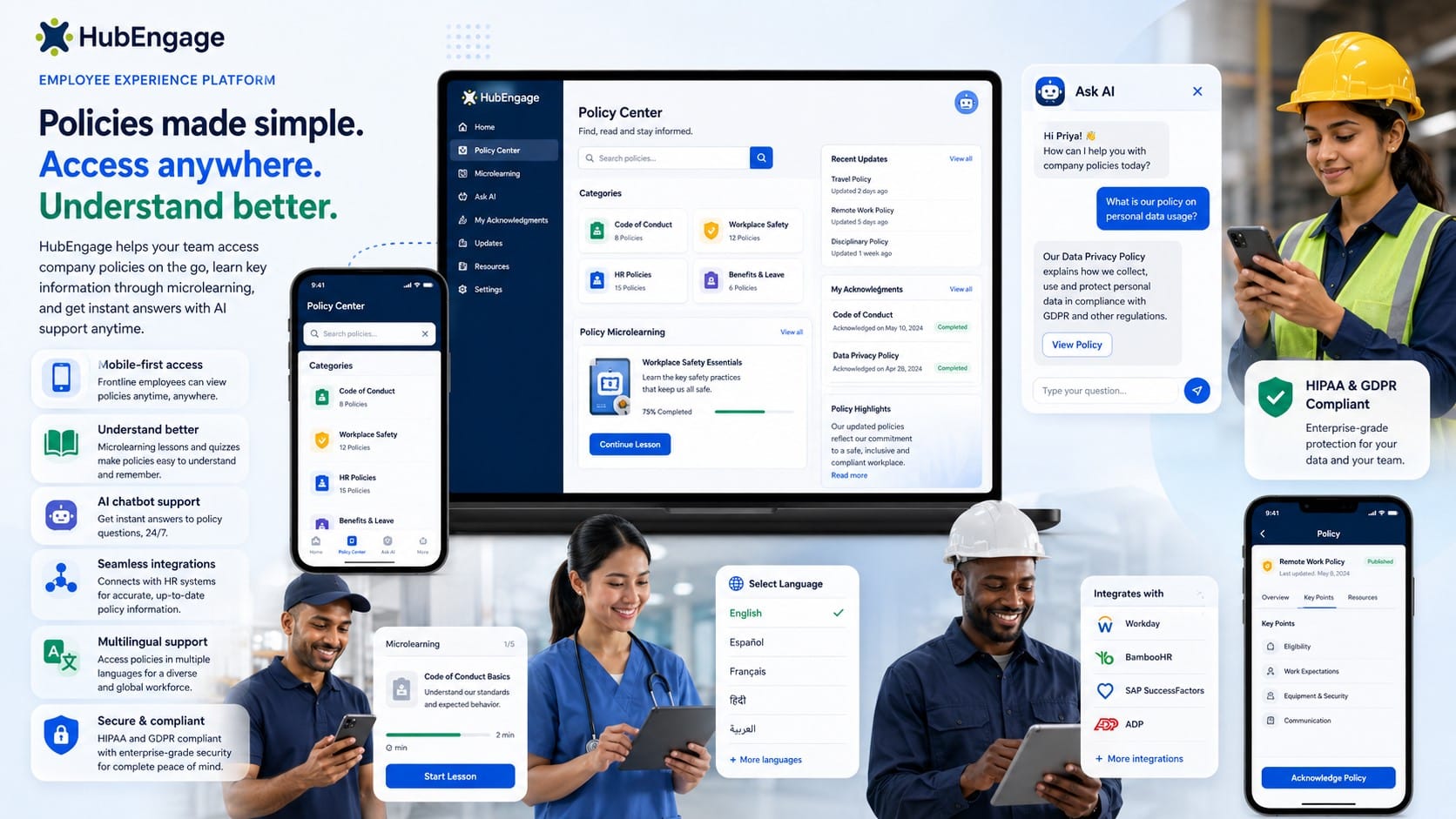 HubEngage Policy Management Software dashboard showing mobile-first policy access, AI chatbot support, microlearning, multilingual features, HR integrations, and frontline employees.