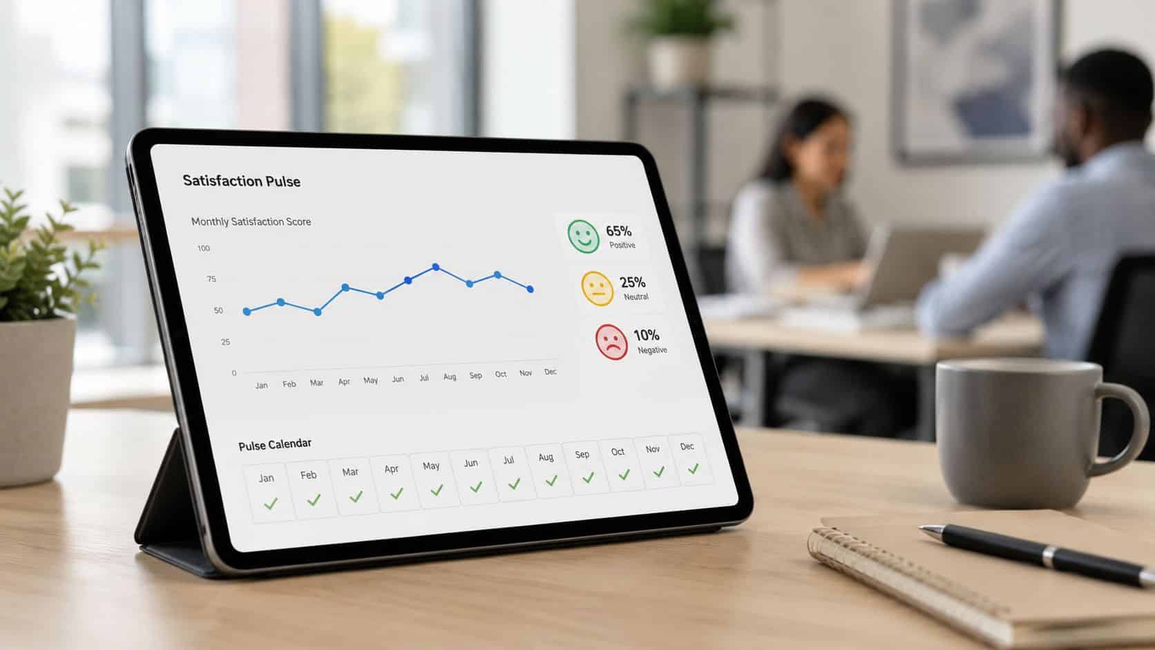 A digital tablet displaying a satisfaction pulse survey dashboard with a line graph and calendar checklist.