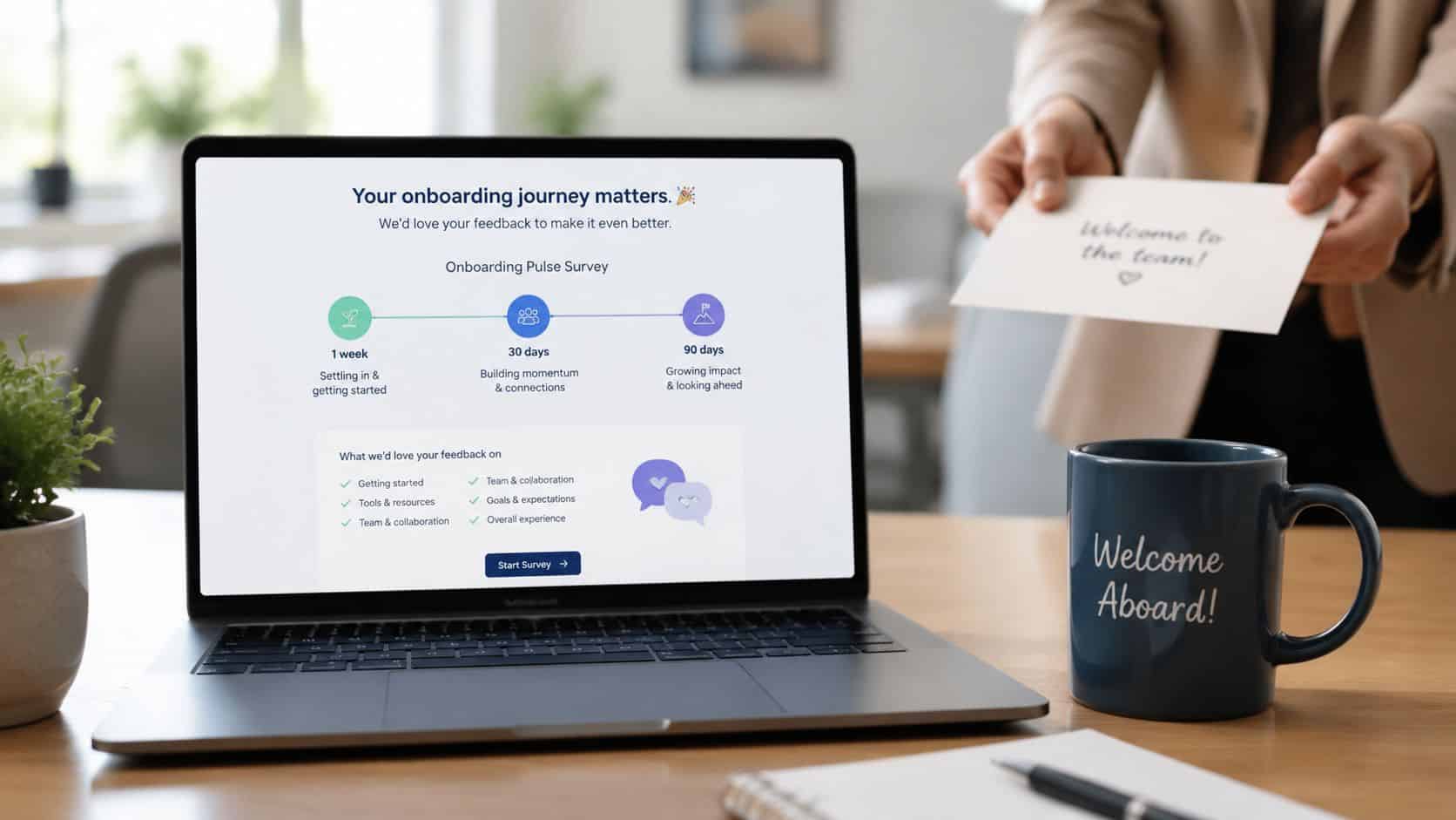 A laptop screen displaying an onboarding pulse survey designed to gather employee feedback after ninety days.