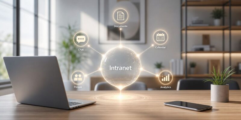 Small Business Intranet dashboard and digital workplace icons displayed above a modern office desk.